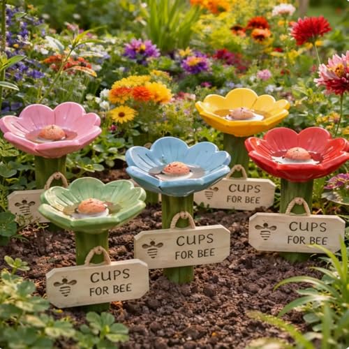 Bee Watering Station for Garden, Bee Cups Water for Bees Garden, Flower-Shaped Ceramic Bee Watering Station, Hummingbird Feeder with Flower Design (5PcsMix)