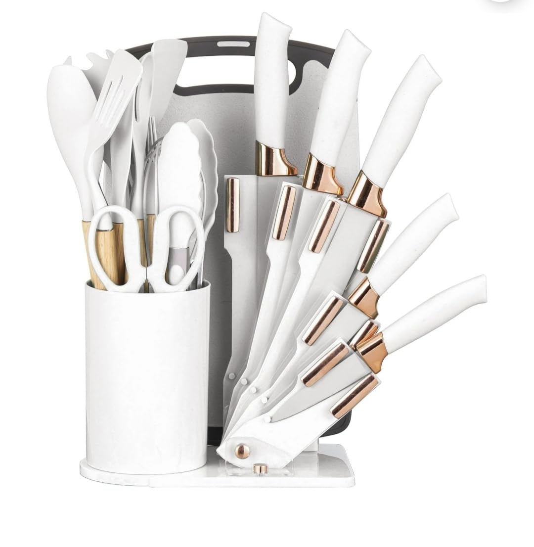 19 Pieces Kitchen Knife Set with Holder Block 11 Silicone Cooking Utensils 5 Stainless Steel Knives Scissors Whisk