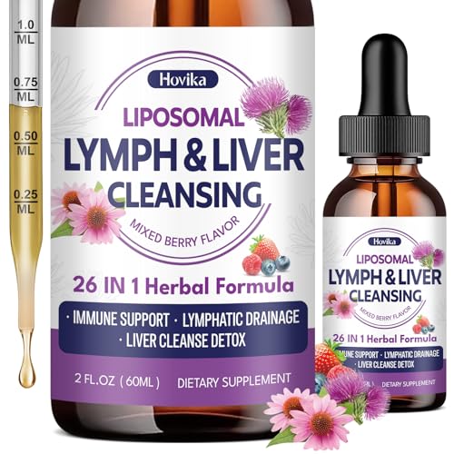 Liposomal Lymphatic Drainage Drops, 26 in 1 Liver Cleanse Detox & Repair with Milk Thistle, Echinacea, Glutathione, Vitamins, Lymph-Liver Cleanse, Gut & Metabolic Health - Mixed Berry Flavor, 2 Fl Oz