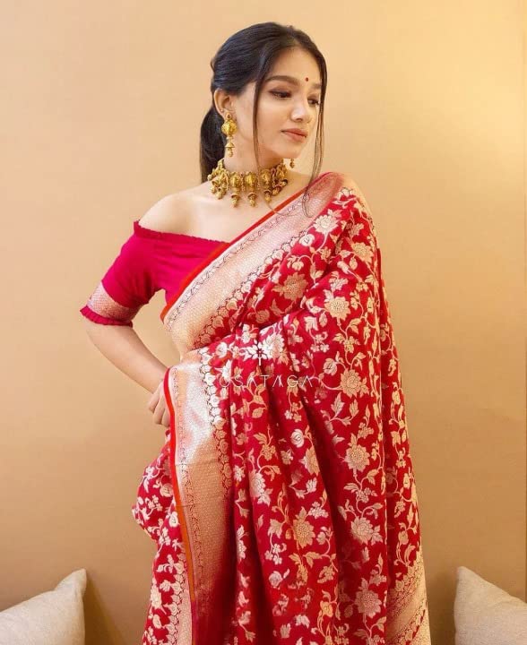 Image of Flosive Women's Kanjivaram Silk Saree With Handloom Weaving Work With Blouse Piece
