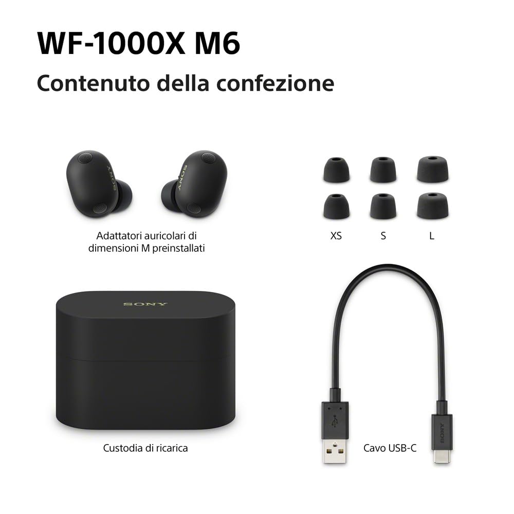 Sony WF-1000XM6: auricolari wireless top di gamma con noise cancelling, suono Hi-Res, chiamate nitide, EQ a 10 bande, autonomia fino a 24 ore NC on, IPX4, iOS/Android - Black