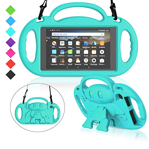 MENZO Kids Case for All-New Fire 7 2019, Light Weight Shockproof Shoulder Strap Handle Stand Case for Fire 7 Inch (Compatible with 9th Generation 2019 / 7th Generation 2017) - Turquoise