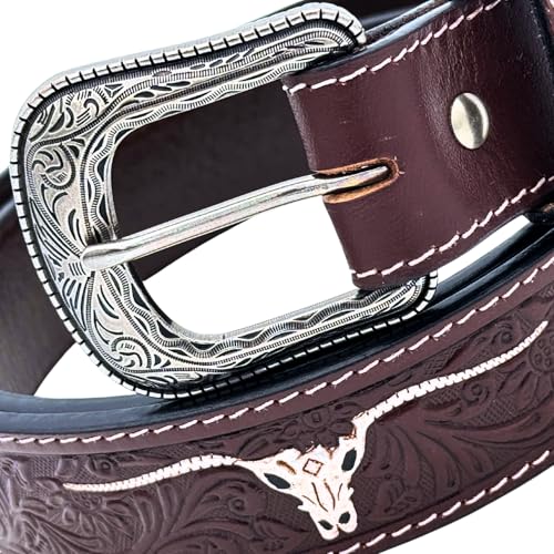 Western Leather Belt Tooled with Engraved Buckle – Cowboy & Cowgirl Rodeo Style2