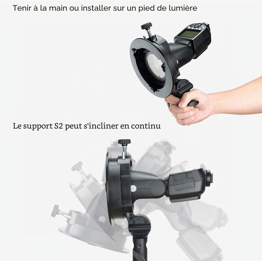 Godox S2 Speedlite Bowens Support pour Flash Godox V1,V1Pro,AD200Pro,AD200 AD400Pro et Plus,Support de Flash de Type S à Contrôle d'inclinaison Précis pour Boîte à Lumière,Parapluie,Flashde Studio