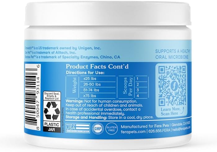 Fera Pets Cat & Dog Dental Support Powder - Supports Fresh Breath - Promotes Healthy Teeth and Gums - Targets Tartar Build-Up - Includes Kelp, Enzymes & Postbiotics - 60 Scoops