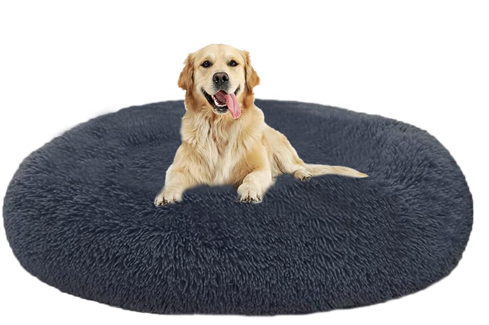 Grand Tapis Chien Moelleux Coussin XXL,Orthopedique Panier Chat AntiStress | Rond Coussin Apaisant Panier pour Chien Moyen Taille XL XXXL Donut,antidérapant Peluche Animale Compagnie 100cm-Gris Foncé