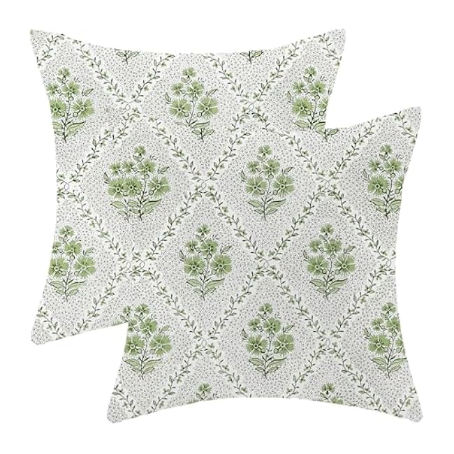 Floral Pillow Covers 16x16 Inches Set of 2 Sage Green Blue Floral Throw Pillow Covers Outdoor Rustic Spring Summer Flower Decoration Pillowcase Farmhouse Decorative Cushion Cover For Sofa Couch