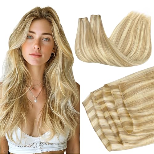 Image of GOO GOO Genius Weft Hair Extensions Human Hair, Sew In Weft Extensions, Seamless Blend & No Bulk Flat, Natural Volume for Women, 16 /22 Light Blonde Highlighted Golden Blonde 18 Inch 100g