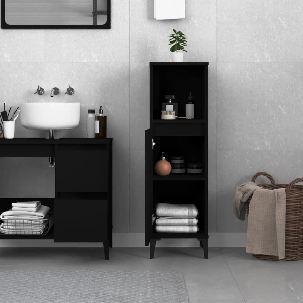 Armario de baño negro de madera 30 x 30 x 100 cm con patas de metal, puerta flexible montable, armario de baño con estante y espacio para muebles de baño, armario bajo lavabo