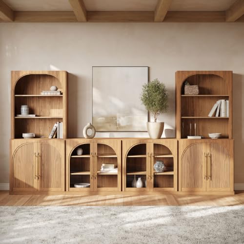 BELLEZE 6-Piece Modular TV Stand Set - 2 Arched Glass Cabinets, 2 Double-Arc Wood Door Bases, and 2 Hutch Units, Classic Modern Entertainment Center with Adjustable Shelves for Living Room(C