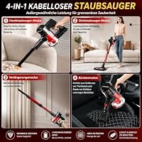 monmecd Kabelloser Staubsauger Einziehbarer 4-in-1 LED Akku Staubsauger 2-Stufen Anti-Tangle kabelloser Sauger 6×2200mAh 150W/16KPa/49Mins 1L Ultraleicht für Teppiche, Hartböden (Rot & Grau) – Ansicht 4