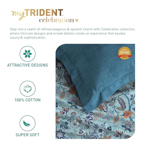 Image of Trident Celebration Queen Bedsheet Set, 100% Cotton Bedsheet for Double Bed (1 Queen Size Bedsheet with 2 Pillow Covers) Superior Softness, 144 Thread Count, Suitaible for Gifting - Chinthz Blue