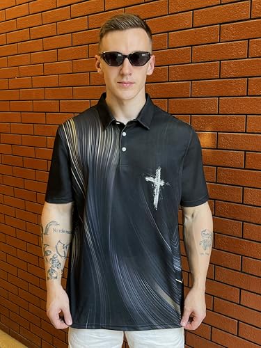 Polo deportivo cristiano para golf, camiseta negra de rendimiento con diseño de cruz dorada, manga corta miniatura 3