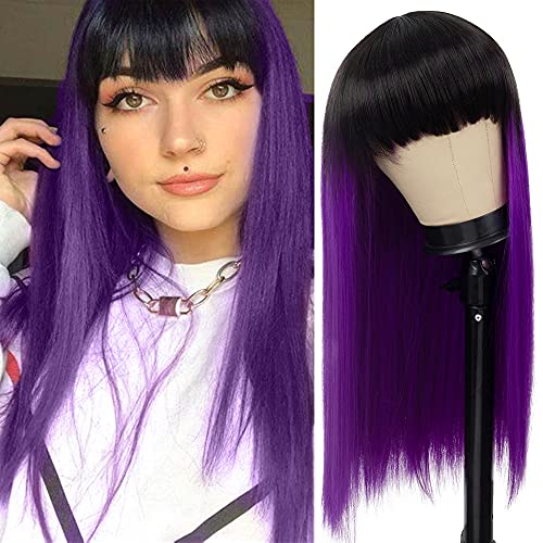 Wiwige Long Straight Purple Wig With Bangs Synthetic Black Purple Cosplay Hair Wigs For Women #TOP5