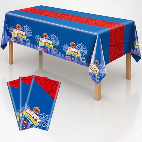 Haydyson Birthday Parties Plastic Tablecloth, Spider Themes Disposable Table Covers 54 x 108 Inch Web Cartoon Pattern Table Cloths Party with Friends and Family (Spider - Blue Cloth, 3pcs)