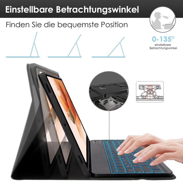 SOPPY Tastaturhülle mit Maus für 12,4'' Samsung Galaxy Tab S10+/S9 FE+/S9 Plus/S8+/S7+/S7 FE, Hülle mit Tastatur & Maus Kabellose Bluetooth Tastatur Schutzhülle -Deutsches QWERTZ, Schwarz Beleuchtet