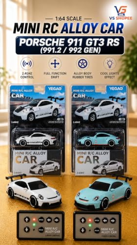 Image of Mini R /C Alloy Drift Car 1:64 Scale - 2.4GHz 4WD RC Racing Desk Toy with LED Lights & Cruise Control Feature (Kids & Collectors Edition) (Porsche 911 GT3 (992 Generation).)