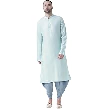 KISAH Men's Kurta Set Cotton Blend Fabric Full Sleaves, Knee Length, Straight, Regular Fit, Mandarin Collar Ethnic Casual 44 Sky Light Blue & Thanksgiving