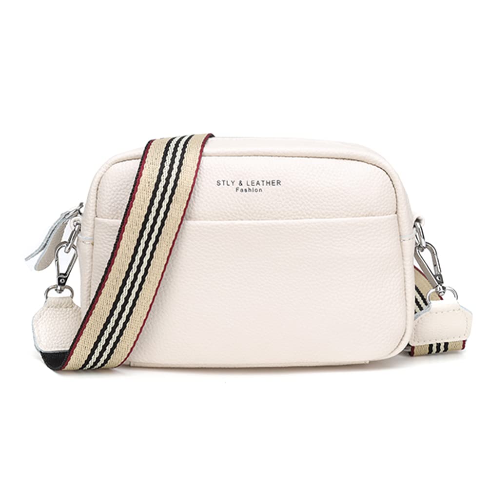 Crossbody Bag for Women Genuine Leather Wide Strap Shoulder Bag Purse Trendy Design Camera Crossbody Purse Top Zip white