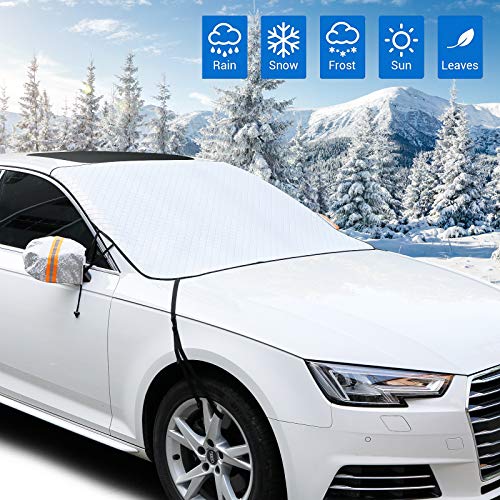 2020 Car Windshield Snow Ice Cover, Winter Windshield Covers with 4 Layers Protection,Wheel Straps Added, Snow,Ice,UV Defense, Thickened Waterproof Snow Cover Fits Most Cars, Mirror Covers Included.