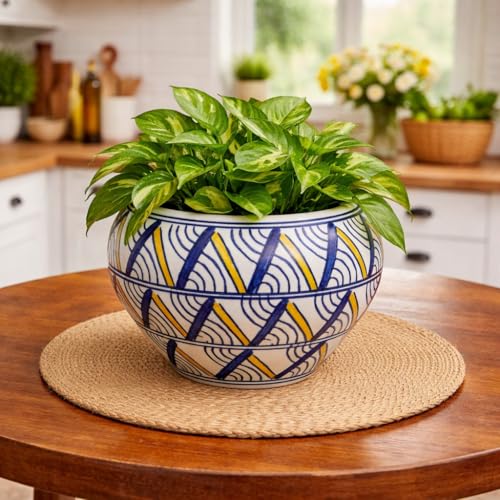 Image of Niyara Hand-Painted Ceramic Flower Pot | Blue & Yellow Geometric Bowl Planter | Decorative Indoor Outdoor Plant Pot for Home, Table & Balcony Decor