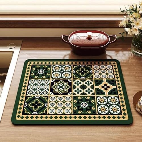 Image of HomeCloud Super Absorbent Dish Drying Mat for Kitchen Counter - Non-Slip, Heat-Resistant Rack Pad - Hides Stains, Ideal 4 Dishes, Coffee Maker, and Kitchen Appliances (Olive Tile, 50x40 cm)