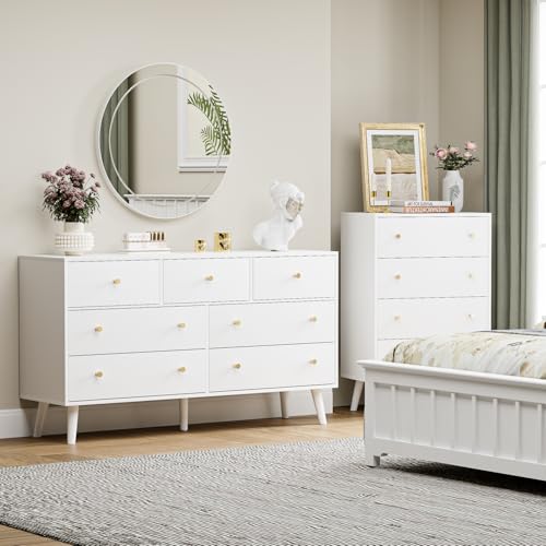 2-PCS-Dresser-Set-for-Bedroom-Set-Include-One-Modern-Dresser-with-7-Drawers-One-Kids-Dresser-with-4-Drawers-White 2 PCS Dresser Set for Bedroom Set Include One Modern Dresser with 7 Drawers One Kids Dresser with 4 Drawers White