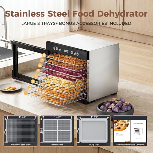 Image of Food Dehydrator machine, 8-Tray Stainless Steel Food Dryer with Timer & Temp Controls, Even-Drying and Auto Shut-off, Quiet Dehydrator Machine for Jerky, Fruit, Herbs, Dog Treats, 650W Powerful