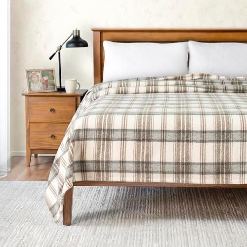 Poyet Motte Tahoe Plaid 450GSM 90% Virgin Wool / 10% Acrylic Blanket, Heavyweight, Machine Washable, Full/Queen Size, Taupe