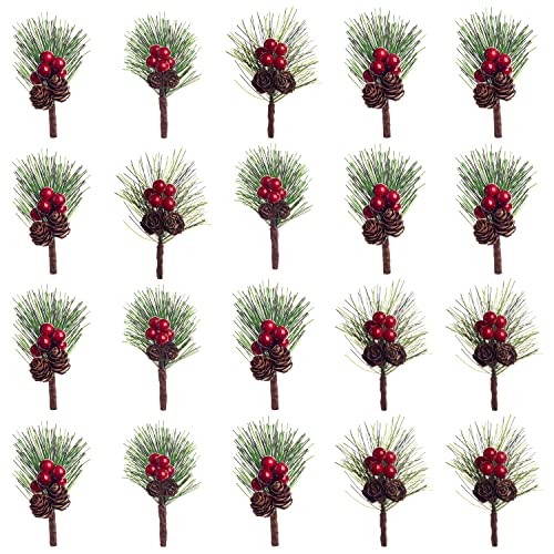 testyu 20 Piezas Ramas de Pino Artificiales Navidad, Pequeñas Ramas de Abeto Artificial con Bayas y Piña, Artificiales Bayas Pino Navidad para Hacer Coronas de Navidad, Manualidades Florales Cover