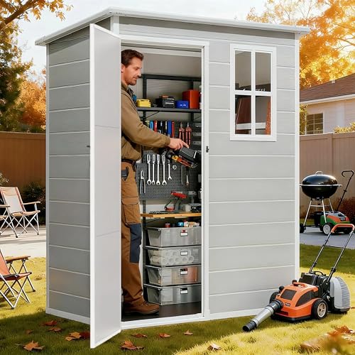 Gizoon Cobertizo de Almacenamiento de Resina al Aire Libre de 5 x 3 pies, Kit de cobertizos de jardín de plástico con Piso para almacenar Muebles de Patio, Herramientas de jardinería, casa de