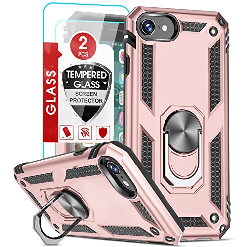 LeYi for iPhone SE Case with 2Pack Tempered Glass Screen Protector, Military-Grade Phone Case with Kickstand for iPhone SE 3rd/2nd Generation, Rose Gold