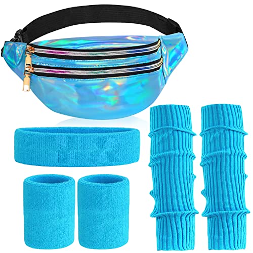 ONUPGO 80s Accessories for Women, Blue Leg Warmers 80s Outfit Costumes Accessories Holographic Fanny Pack Knit Neon Leg Warmers Headband Wristbands for Yoga Running Hiking