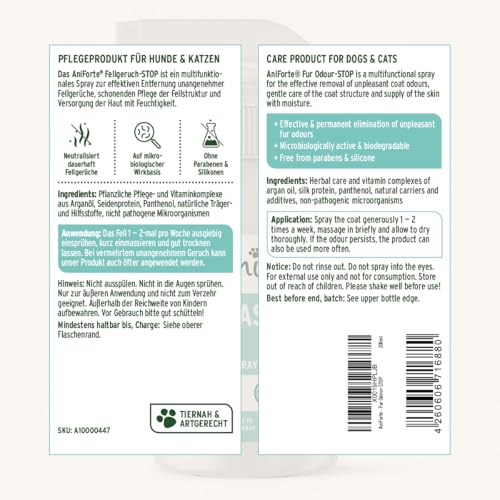 AniForte Fellgeruch-Stop Hund & Katze 200ml - Fellspray gegen Hundegeruch & Katzengeruch, Natürlicher Geruchsneutralisierer für Langhaar & Kurzhaar, Geruchsentferner bei Tiergerüchen