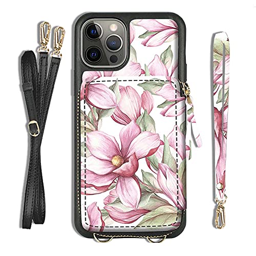 Zve Iphone 13 Pro Rfid Blocking Case Walle, Zipper Crossbodyphone Case With Card Holder Wrist Strap Purse Cover For Women For Iphone 13 Pro (6.1 Inch),-Pink Floral #TOP24