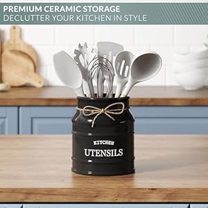 Barnyard Designs Ceramic Farmhouse Utensil Holder for Kitchen Counter, Large Rustic Utensil Crock, Countertop Cooking Tool Spatula Organizer, 6.75” (Black) Barnyard Designs Ceramic Farmhouse Utensil Holder for Kitchen Counter Large Rustic Utensil Crock Countertop Cooking Tool Spatula Organizer 675 Black
