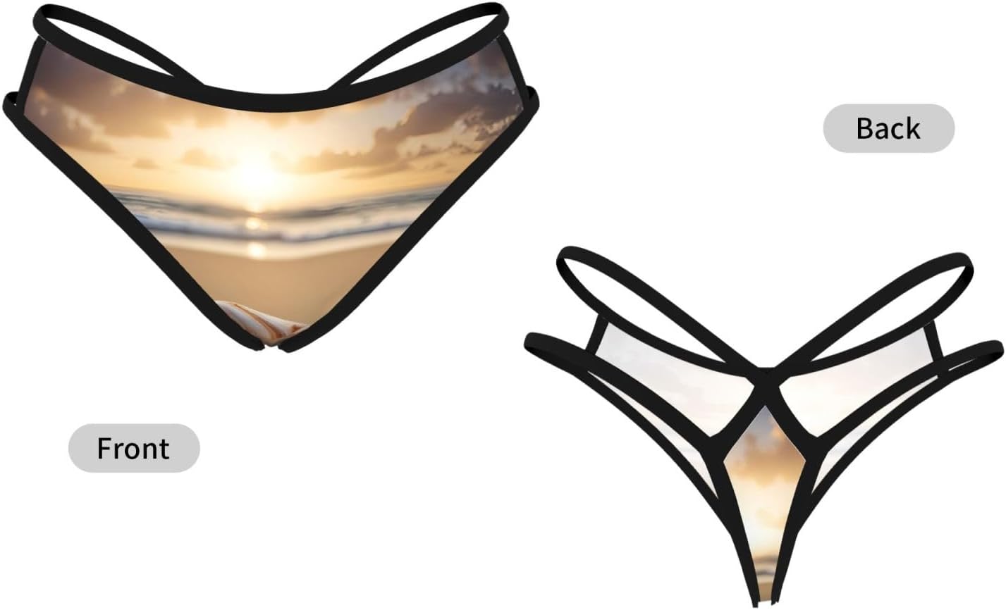 Seashell Landscape On The Beach Print Sexy Underwear G String Thongs For Women Low Rise No Show Workout Panties For Sports And Yoga Black