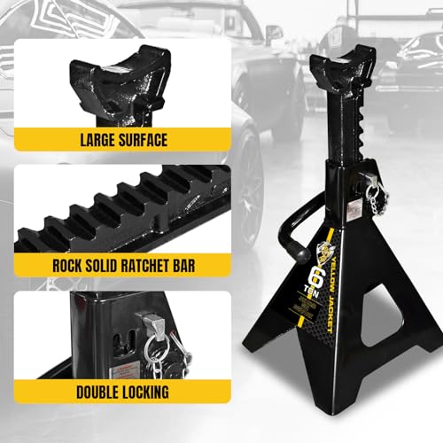 Image of YELLOW JACKET Jack Stands 6 Ton with Double Locking for Lifting Car SUVS, Heavy Duty Steel, 13000 lb Capacity, 1 Pair, Black