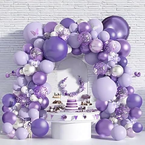 Maznyu 139Pcs Purple Balloons Garland Arch Kit, Baby Shower Butterfly Decorations, Lavender Purple Confetti Metallic Balloons For Birthday Wedding Party Decoration Cover
