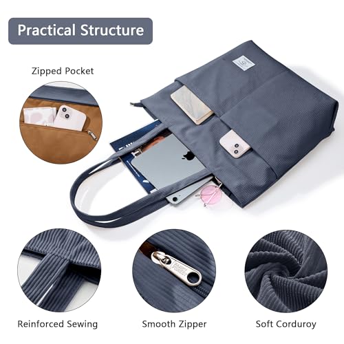 Image of KALIDI Women Corduroy Tote Bag Zipper Casual Tote's Handbag Big Capacity Shoulder Bag with Pockets
