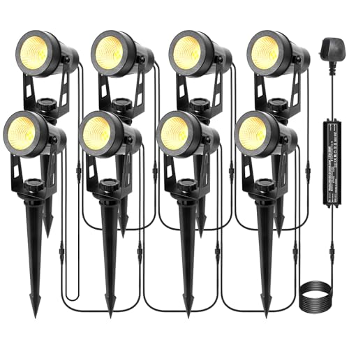ECOWHO Garden Lights Mains 27m 8-in-1 LED Outdoor Spotlights with Adapter IP65 Waterproof Outdoor Spike Lights 12V Low Voltage Garden Lighting 2700K Electric Pathway Lighting for Lawn Yard Patio