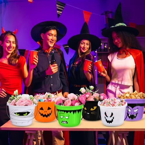 Qilery 12 Pcs Halloween Plastic Buckets Bulk with Handle 7 x 6 x 6 Inch Halloween Pumpkin Trick or Treat Buckets Jack O Lantern Candy Basket for Trick or Treat Party Favor Supplies