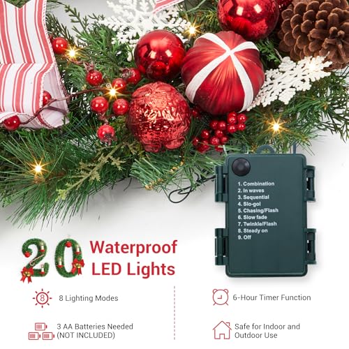 24 in Pre-Lit Christmas Wreath for Front Door, Artificial Christmas Wreath with 20 Led Lights and Timer, Xmas Wreath with Red Berries, Pine Cones, Ball Ornaments for Holiday Decor