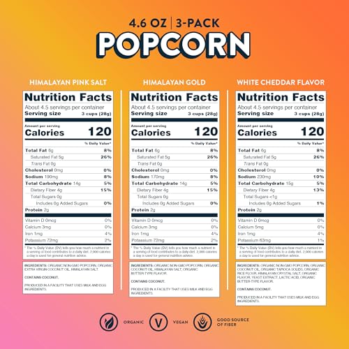 Image of LesserEvil Organic Popcorn Variety Pack, Himalayan Pink Salt (4.6 oz Bag), Himalayan Gold (4.6 oz Bag), and White Cheddar Flavor (4.6oz Bag)