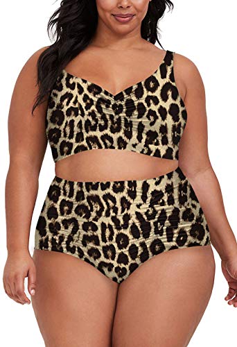 Sovoyontee Women's 2 Piece Plus Size High Waisted Swimsuit Ruched Bikini Set Bathing Suit, Brown Leopard, 3XL