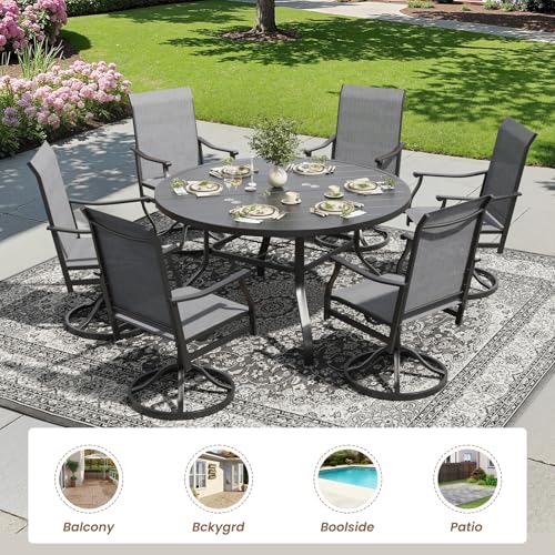 Image of Soohow 7-Piece Outdoor Dining Set, Round Table Patio Dining Set for 6, 6 x Swivel Patio Chairs and 1 x 47 Round Outdoor Dining Table, for Poolside, Backyard and Proch