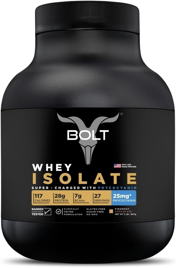 Bolt 100% Whey Isolate Powder| 28g Protein Per Scoop, 7G BCAA | Piedmont Chocolate | 27 Servings | 2lb,907G| Muscle Recovery | Lean Muscle Support | Low Carb | Fast Absorption |Gluten-Free | Easy to Digest