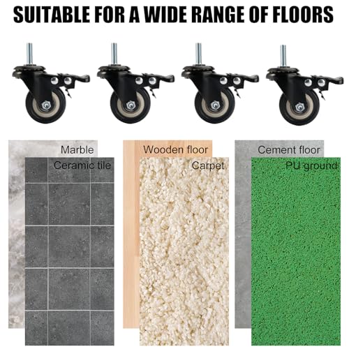 TESSTSY 4 Stück Rollen mit Bremse M8×25mm, Schwerlastrollen 50mm, Lenkrollen für Möbel, Möbelrollen Gewinde M8, Gummi Lenkrollen, Keine Spuren & Leise, für Geräte und Möbel, Tragkraft 210kg