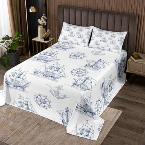 jejeloiu Nautical Theme Bedspread Twin Size Kids Sailboat Printed Coverlet Set for Boys Girls Teens Ocean Anchor Rudder Quilted Coverlet Breathable Sea Adventure Bedroom Decor
