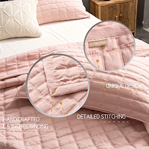 Kasentex Quilt-Bedding-Coverlet-Blanket-Set, Ultra Soft Cozy 100% Microfiber - Machine Washable, Stone-Washed, Detailed Stitching - Solid Color. (Blush Pink, Twin + 2 Shams) #TOP5